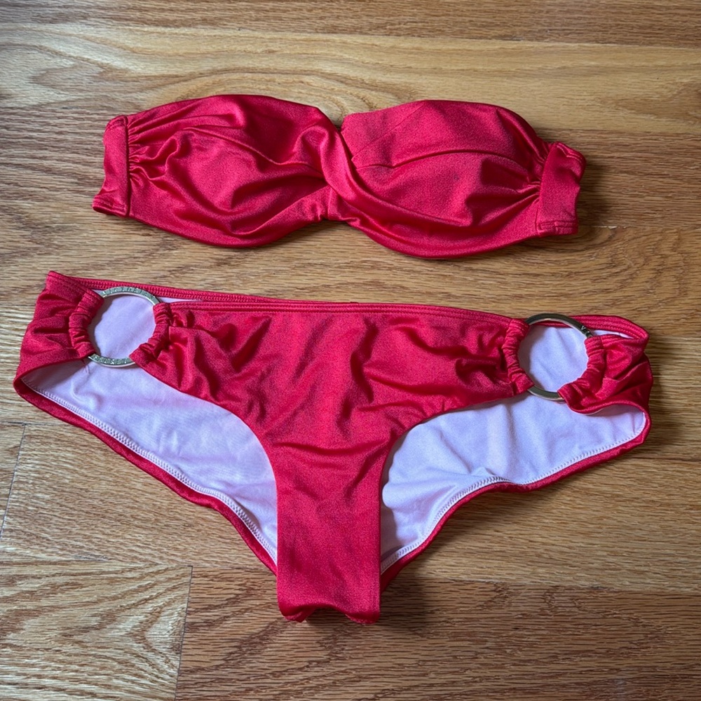 Victoria's Secret Red Bikini with Gold Ring Bottom Detail